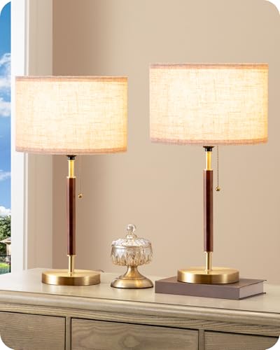 EDISHINE 2Pack Modern Mid Century Table Lamp, Pull Chain Switch, Metal Base - color: Gold