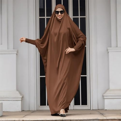 IDOPIP Muslim Abaya for Women One Piece Long Sleeve Islamic Prayer Dress with Hooded Hijab Maxi Kaftan Robe Modest Clothes - color: Coffee