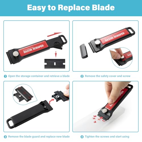 Plastic Razor Blade Scraper Tool with Blade Container 2PCS Razor Scraper with Extra 100PCS Plastic Blades for Adhesive Labels and Decals Sticker Removal on Car Window Glass Floor (W80)