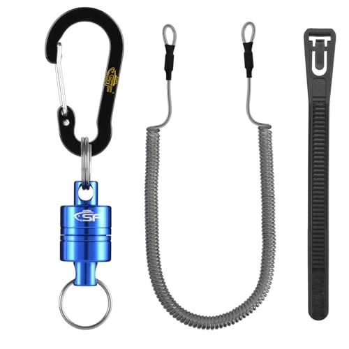 SF Strongest Magnetic Net Release Magnetic Keychain Fly Fishing Net Retractor Magnet Clip Holder Retractor with Retractable Coiled Lanyard Carabiner - color: Blue Magnet+ Black Aluminum Alloy Hook
