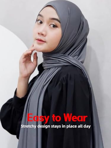 Hijab Scarf for Women Soft Muslim Hijabs Head Wrap Scarves Fashion Long Hair Shawls Stretchy Muslin Headscarf - color: Dark Grey Hijab Scarf for Women