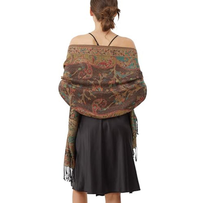 Paisley Pashmina Rave Shawl Scarf-Women's Reversible Ethnic Jacquard Pashmina Wraps for Travel - color: A#. Black Green Plum