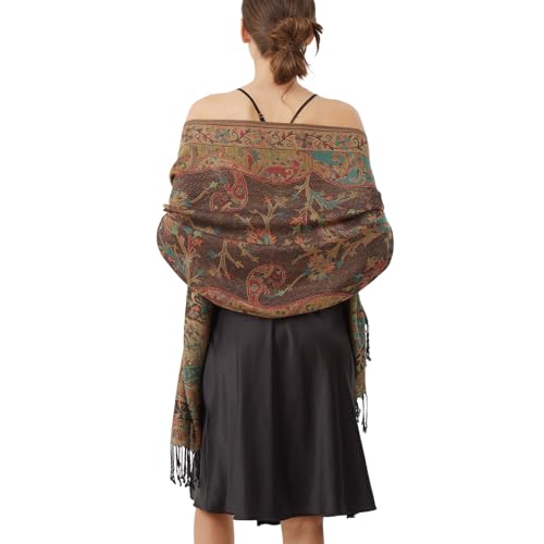Paisley Pashmina Rave Shawl Scarf-Women's Reversible Ethnic Jacquard Pashmina Wraps for Travel - color: A#. Black Green Plum