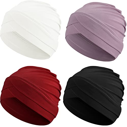 Geyoga 4 Pcs Women Turban Caps Chemo Headwear Cancer Patient Head Covering Soft Pleated Stretchy Head Wrap Sleep Hat - color: Wine Red, Black, White, Light Purple