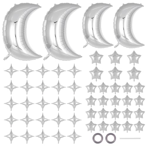55 Pcs Silver Moon and Star Foil Balloons, 36 Inch and 28 Inch Moon Mylar Balloons, 18 Inch and 10 Inch Star Mylar Balloon for Wedding, Baby Shower, Birthday Party Decorations - color: Silver