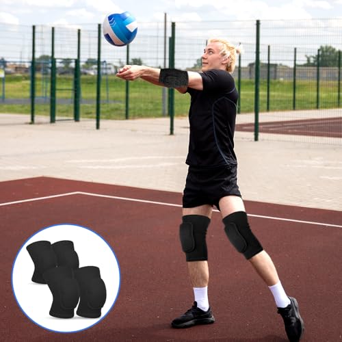 Volleyball Knee Pads and Elbow Brace Pads Set, Compression Breathable Arm and Knee Protection Sleeves with Soft Support Cushion for Men and Women Yoga Dance Football Basketball Running (Black)