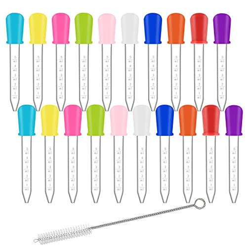 5ml Clear Eye Dropper Pipette Droppers 20 Pack | Multicolor Silicone Bulb Pipettes with Cleaning Brush for Liquid Transfer, Lab & DIY Craft Use - color: 20-multicolor