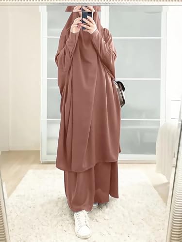Womens Muslim Abaya Solid Prayer Dress Islamic Maxi Kaftan with Hijab Dubai Full Length 2 Piece Dress - color: 1khaki