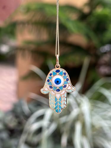 14K Solid Gold Pendant Necklace Hand-Painted Abstract Hamsa Hand and Allah Calligraphy (Evil Eye) - Gift for Men, Women, Daughter, Son, Unisex Adults, Kids - color: Green Evil Eye in Hamsa Hand, style: Pendant w/ Cuban Link 20"
