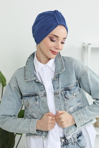 Aisha's Design Instant Turban Plain Cotton Scarf Head Wrap Lightweight Hat Bonnet Cap for Women - color: Indigo