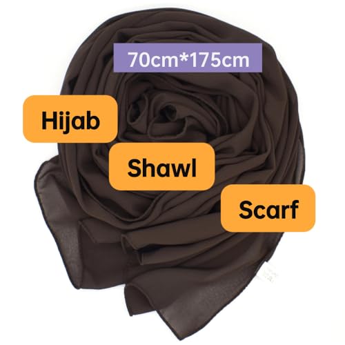 Chiffon Scarf for Women Lightweight Breathable Sunscreen Soft Solid Hijab Scarf for Daily & Muslim Wear - color: Brown Chiffon Scarf