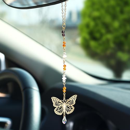 Car Rear View Mirror Accessories Car Hanging Ornament,Butterfly White Jade Rearview Decor Charm Handmade Unique Beaded Crystal Cute Swinging Interior Decor for Women Men - color: White Jade Butterfly