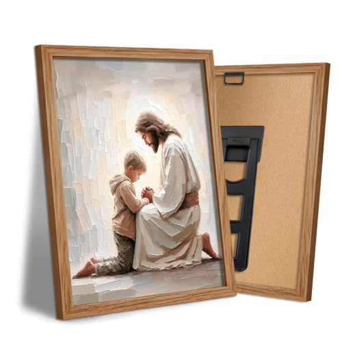 AUUAUU Jesus and Praying Child Wall Art, Beautiful Wooden Framed Christian Religious Canvas Painting, Inspirational Faith Wall Decor for Living Room Bedroom Church, 8x10 Inches Ready to Hang - color: Wooden Framed Jesus and boy, size: 10"L x 8"W