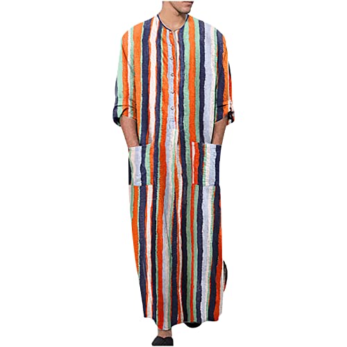 Men's Striped Robe Button Up Long Sleeve Kaftan Thobe Splits Long Gown Casual Shirt Ramadan Mosque Madrasa Outfits - color: Orange, size: X-Large
