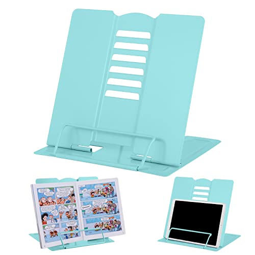 MSDADA Desk Book Stand Metal Reading Rest Book Holder Adjustable Cookbook Documents Holder Portable Sturdy Bookstands for Recipes Textbooks Tablet Music Books with Page Clips (Light Lake Green) - color: Light Lake Green