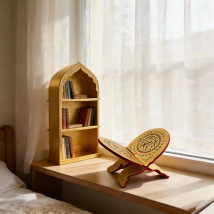KYMY Muslim Quran Rehal Book Stand – Foldable Wooden Carved Quran Reading Holder for Al-Quran, Koran, Bible Books, Islamic Prayer Book Stand for Ramadan & Eid Decor - style: Round