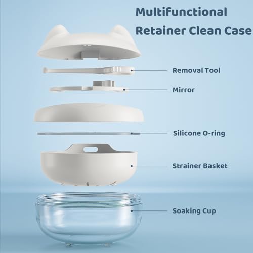 Retainer Case Denture Bath Case Basket Mirror Leak-proof White Cat | 2-in-1 design Strainer Basket No-Leak Cleaning Case for Mouth Guard Cute Removal Tool,Aligner chewies,Bursh - color: White Cat