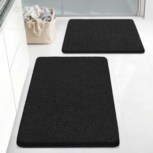 Bcoimo Bath Rug Mat Set, 2 Piece High Absorbent Chenille Bathroom Mat Black - color: Black, size: 30×20 Plus 24×17