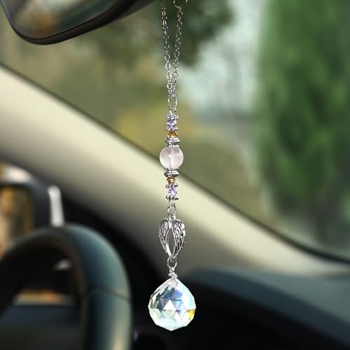 Car Rear View Mirror Witchy Accessories Car Hanging Ornament, Christian Angel Crystal Handmade Rearview Decor Charm Rose Quartz&Glass Ball Beads Swinging Interior Decor for Women Men - color: Angel02
