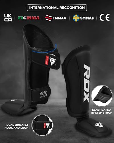 RDX Shin Guards Kickboxing Muay Thai, SATRA SMMAF Approved, Premium Maya Hide Leather, Leg Instep Protection Pads, MMA Martial Arts Kicking Sparring Training Gear, BJJ Karate Boxing Taekwondo, Black - color: Black, size: Large