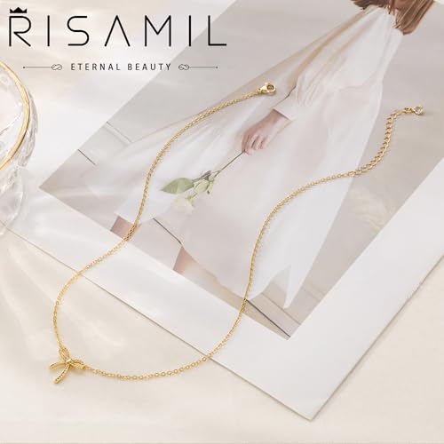 Risamil 여성용 골드 목걸이 - 리본 목걸이 14K 앙증맞은 골드 목걸이 귀엽고 작은 나비 펜던트 초커 체인 목걸이 트렌디 목걸이 여성용 골드 주얼리 선물 - color: 리본 목걸이-9
