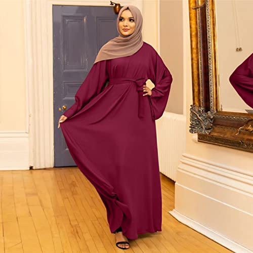 Prayer Dress for Women Muslim Long Sleeve A Line Elegant Maxi Dress Casual Wedding Party Maxi Dresses with Belt - color: Red, size: Small
