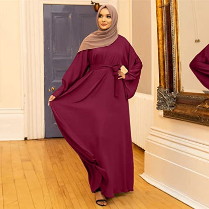 Prayer Dress for Women Muslim Long Sleeve A Line Elegant Maxi Dress Casual Wedding Party Maxi Dresses with Belt - color: Red, size: Small