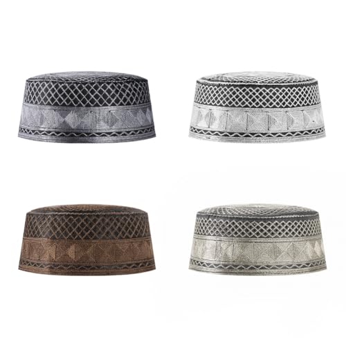 haozaikeji 4pcs Men's Muslim Prayer Kufi Hat Embroidered Islamic Prayer Cap Arabian Omani Turkish Praying Caps Eid Topi Hat - color: White+coffee+grey+dark-grey