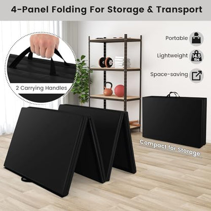 Goplus Folding Gymnastics Mat, 10’ x 4’ x 2’’ Thick Tumbling Mats with PU Leather, Hook & Loop Fasteners, Portable Handles, 4-Panel Exercise Mat for Home Gym Workouts, Yoga - color: Black