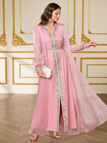Elegant Muslim Dress with Embroidered Traditional Islamic Attire Maxi Robe Eid Prayer Gown - color: Pink, size: Large