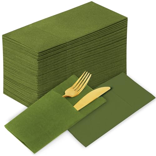 KAMMAK Matcha Green Napkins Disposable with Pocket Cloth Like Dinner Paper Napkins 100 Pack Folded Wedding Reception Napkin Bathroom Guest Hand Towels for Party Decoration (16.5 x 16.5 inch) - color: Tea Green