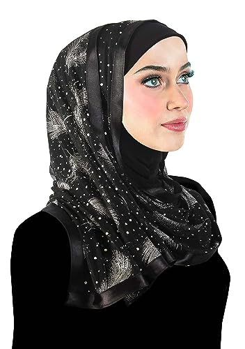Stylish Mona Hijab Women's Black Kuwaiti with Chiffon Wrap Shawl & Satin Trim - color: Black With Silver Feathers
