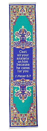 Don't Be Anxious, Woven Fabric Christian Bookmark, Silky Soft 1 Peter 5:7 Flexible Bookmarker for Novels Books and Bibles, Traditional Turkish Woven Design, Memory Verse Gift - color: Cast Your Anxiety, size: Single