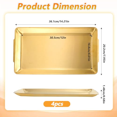 4-Piece Gold Serving Trays Set: Luxurious Gold Trays for Decor & Food Display, 14.21" x 7.95" Brushed Stainless Steel Platters for Parties & Dining