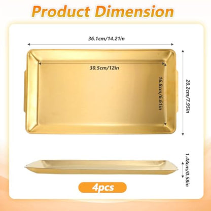 4-Piece Gold Serving Trays Set: Luxurious Gold Trays for Decor & Food Display, 14.21" x 7.95" Brushed Stainless Steel Platters for Parties & Dining