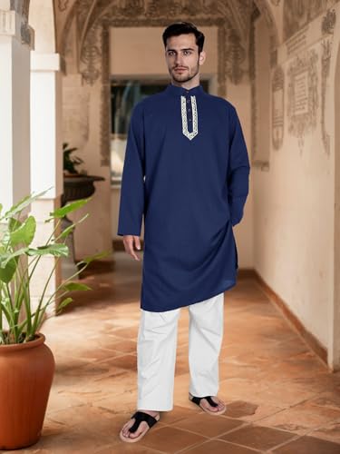Men’s Kurta Kaftan Robe - Long Sleeve Cotton Linen Muslim Henley Shirt for Ramadan, Prayer & Daily Wear - color: Navy, size: X-Large