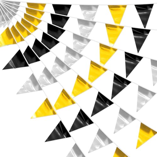 4P Black Silver Gold Party Decorations - Metallic Fabric Triangle Pennant Banner Flags - Indoor/Outdoor Bunting Garland for Birthday, Wedding, Graduation & Theme Parties - color: Black Silver Gold