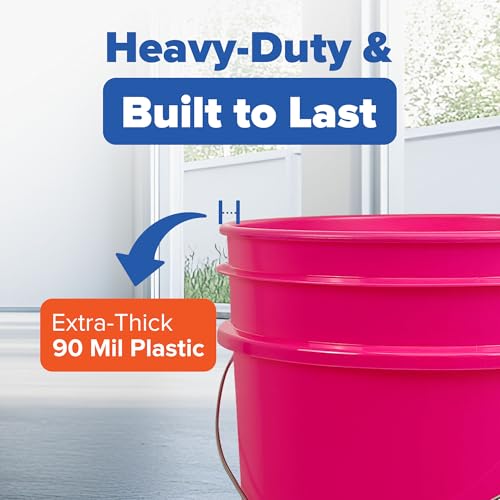 5 Gallon Bucket w/Lid, Food Grade BPA-Free, 6 Pack, Pink | Airtight Lid, Mallet and Lid Opener Included, Heavy-Duty 90 Mil HDPE Plastic, Food-Safe Durable Container, Made in USA - color: Pink, size: 6 Packs