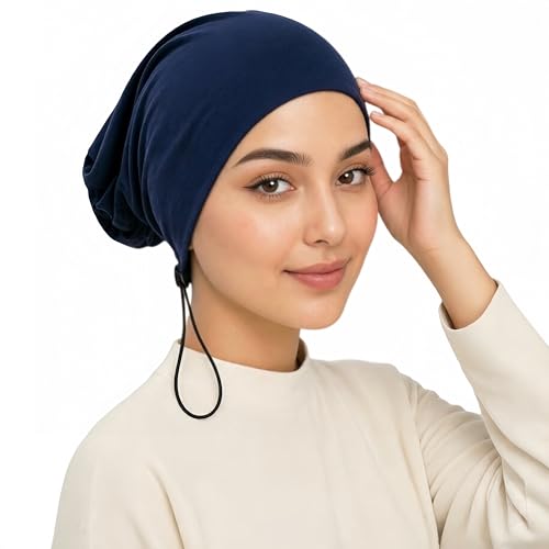 Women's Adjustable Elastic Drawstring Hijab Undercap, Soft Stretchy Jersey Underscarf Hijab Liner Hat - color: Navy