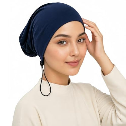 Women's Adjustable Elastic Drawstring Hijab Undercap, Soft Stretchy Jersey Underscarf Hijab Liner Hat - color: Navy