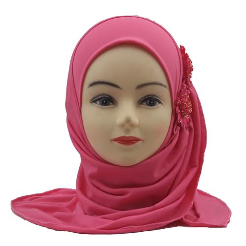 Soft Instant Hijab for Kids Girls Muslim Headscarf Islamic Scarf Shawl Wrap with Flowers - color: Rose Red-2 Flowers