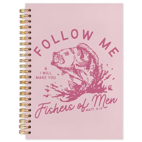 WUCHJ Pink Retro Fish Christian Notebook, Matthew 4:19 Bible Verse Journal, Religious Scripture Spiral Notebook Journal for Note Taking, Christian Faith Based Gifts for Women Men, 5.5x8.3 Inch - color: pink fish follow me