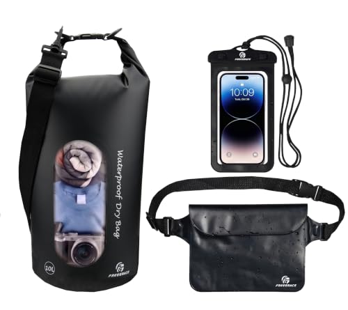Freegrace Waterproof Dry Bag Set of 3 - Submersible Dry Sack with Double Zip Lock Seals - Includes Waist Pouch & Phone Case - Perfect for Kayaking, Swimming, Boating & Rafting (Black(Window), 10L) - color: Black, size: 10L, style: Window
