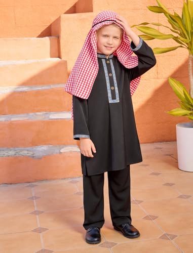 OBEEII Toddler Baby Boy Muslim Thobe Long Sleeve Thobe Robe + Pants + Shemagh Keffiyeh 3PCS Saudi Ramadan Outfit Abaya 12M-5Y - color: Black(3pcs), size: 3-4T
