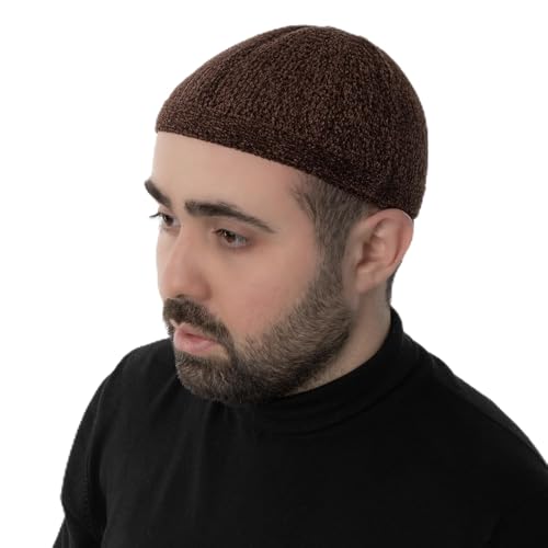 Modefa Islamic Prayer Kufi Hats for Men Chenille Knitted Stretchable Muslim Cap One-Size Fit - color: Pecan Brown