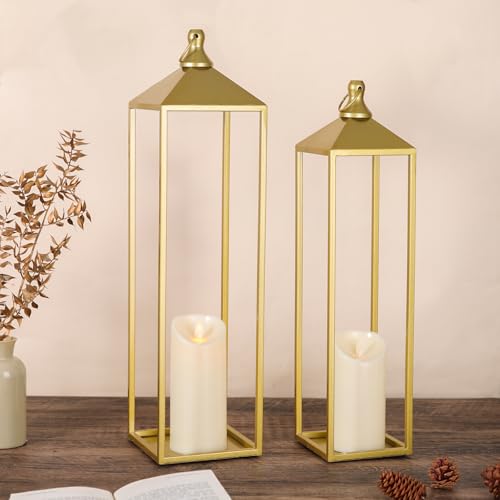 22'' 19'' Large Lanterns Decorative Outdoor Indoor, Set of 2 Gold Lantern - color: Gold, size: 22in and 19in