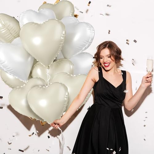 Cream White Heart Balloons, 10PCS Beige Foil for Boho Wedding Baby Shower - color: Cream White + White