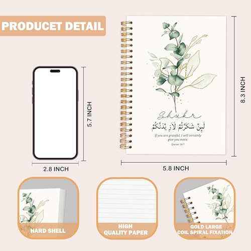 Islamic Gratitude Notebook Journal for Women, Muslim Islamic Gifts, Eucalyptus Quran Religious Prayer Hardcover Spiral Notebook for Work Note Taking 5.5x8.3 in - color: Quran 14:7 white