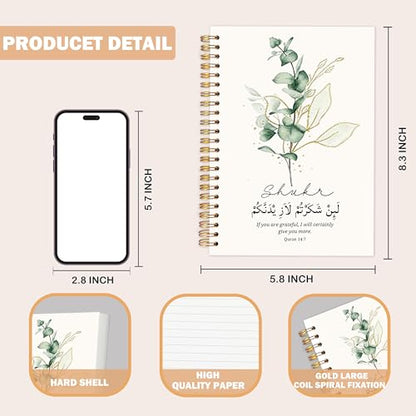 Islamic Gratitude Notebook Journal for Women, Muslim Islamic Gifts, Eucalyptus Quran Religious Prayer Hardcover Spiral Notebook for Work Note Taking 5.5x8.3 in - color: Quran 14:7 white