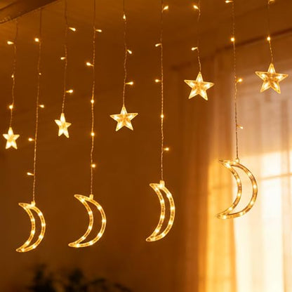 TW SHINE Ramadan Star Moon Curtain String Lights, 138 LED 8.2 FT Star Moon Hanging Lights with 8 Modes and Timer, Waterproof Fairy Lights for Indoor Outdoor Window Holiday Mubarak Ramadan Decorations